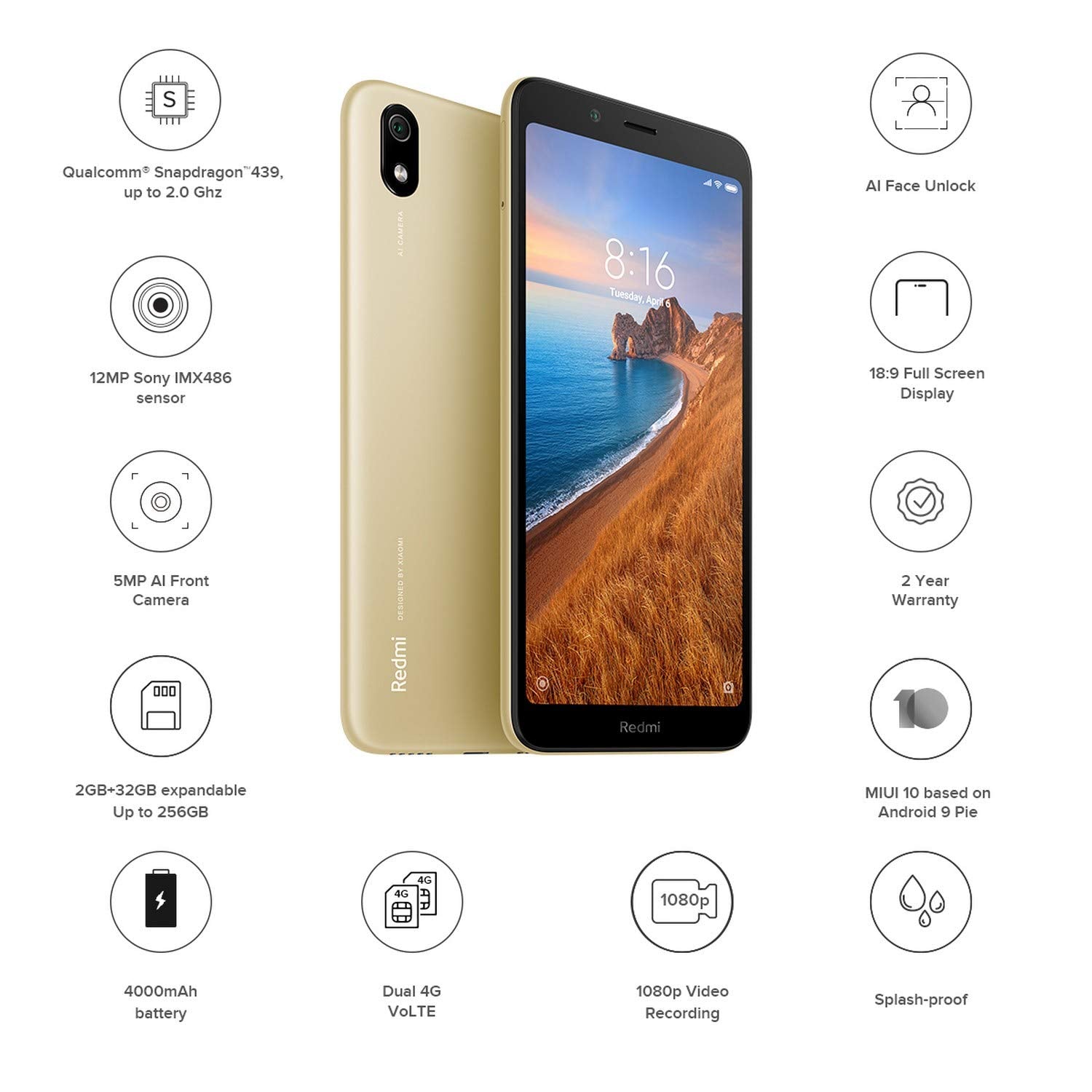 Redmi 7A (Matte Gold, 2GB RAM, 32GB Storage)