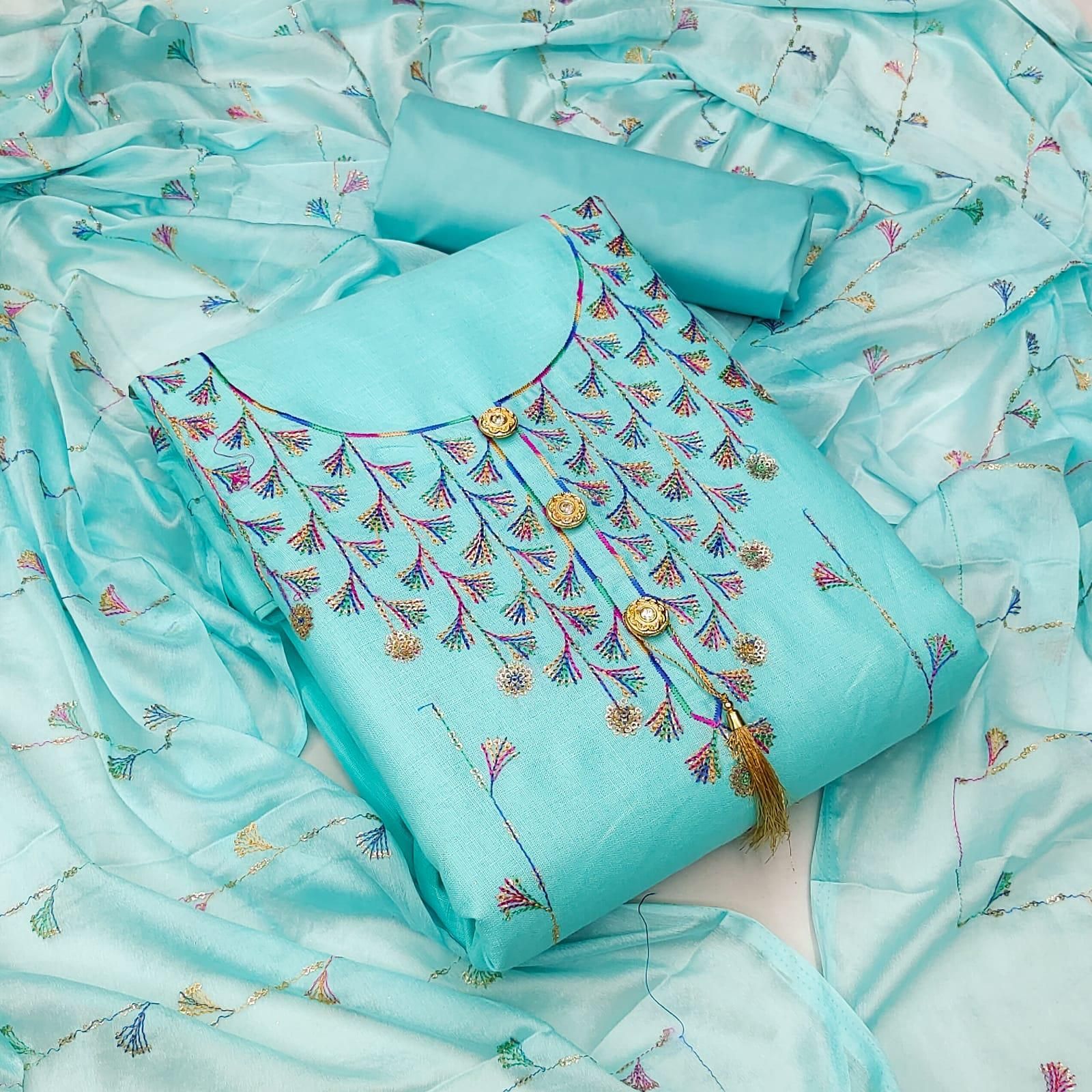Glamorous Embroidered Slub Cotton Dress Material/Suit