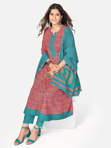 Elegant Cotton Printed Kurti Pant Dupatta Set