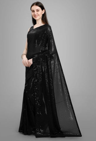 Women's Fashion bollywod designer sequance saree with Blouse Piece (Black)