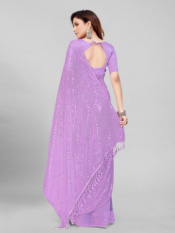 Fancy Sequined Embroidered Mauve Purple Coloured Georgette Saree with Blouse Piece