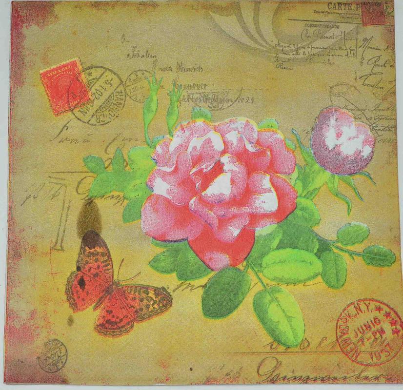 Decoupage Napkins/Tissue Paper - Orange butterfly on rose -1 Pc