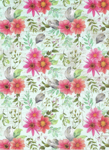 Decoupage Paper - Pink Flowers in green base - Size A4 - 2 sheets