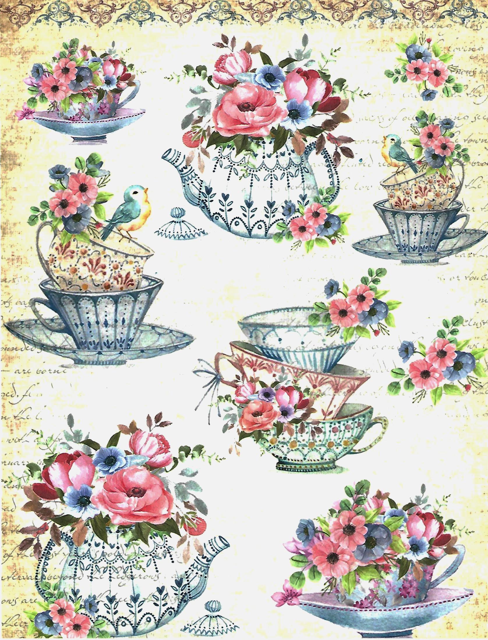 Decoupage Filament Paper - Beautiful Teacups with Flowers and Birds - Size A4 - 2 Sheets