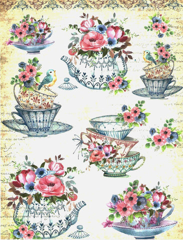Decoupage Filament Paper - Beautiful Teacups with Flowers and Birds - Size A4 - 2 Sheets