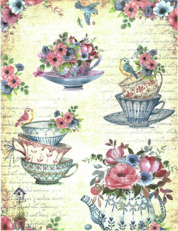 Decoupage Filament Paper - Beautiful Teacups with Flowers and Birds - Size A4 - 2 Sheets