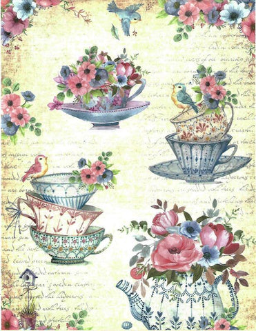 Decoupage Filament Paper - Beautiful Teacups with Flowers and Birds - Size A4 - 2 Sheets